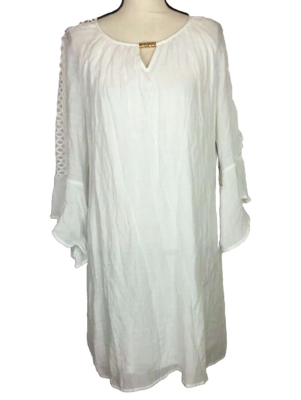 NWT Indigo Rose Shift Dress Large Womans White Bell Sleeve Crochet Lined Boho